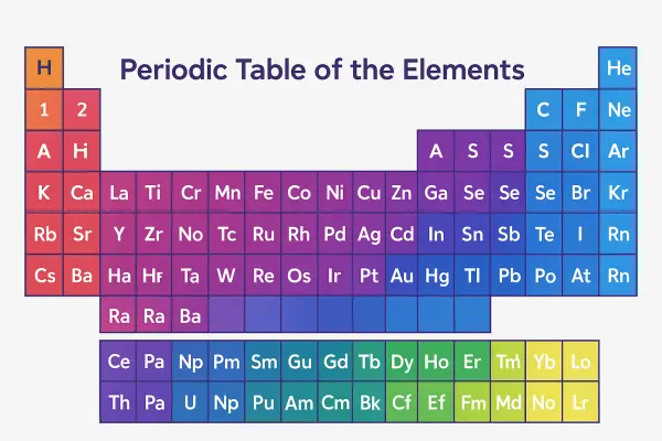 Interactive Periodic Table of Elements with color-coded element categories showing all 118 elements